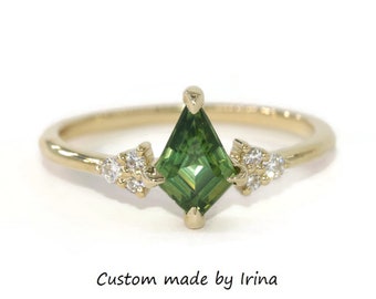 Kite Green Natural Sapphire + Natural Diamonds Engagement Ring 14k Solid Gold