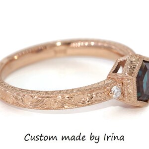 Custommade 3 stone Hand Engraved Hexagon Engagement Ring and Wedding Band