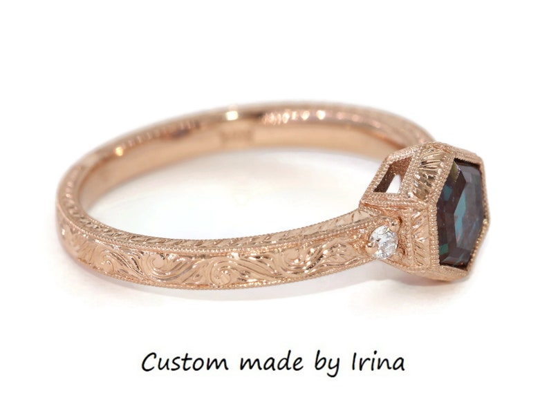 Custommade 3 stone Hand Engraved Hexagon Engagement Ring and Wedding Band