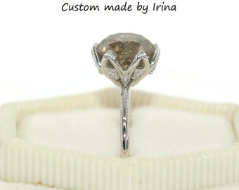 2 carat Salt and Pepper Diamond Flower Petal Solitaire Engagement Ring
