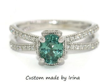 Teal Blue Green GIA Certified Sapphire Engagement Ring with Split Diamond Band