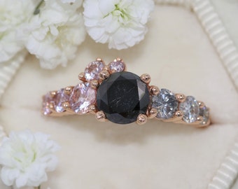 1 carat Black Natural Diamond + Pink Sapphires Ombre Cluster Engagement Ring 14k Rose Gold