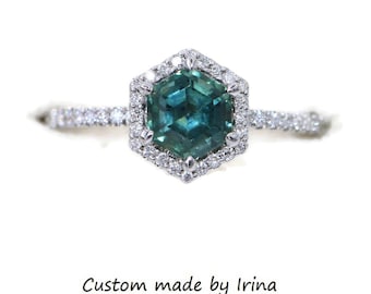 1 carat Teal Blue Green Hexagon Montana Sapphire Ring with Diamond Halo