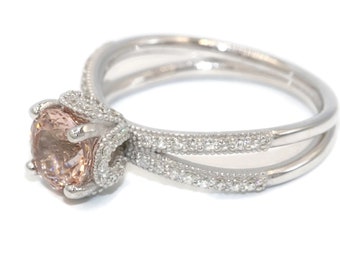 Custom Made Morganite Engagement Ring with Double Split Pave Mill Grained Diamond Shank