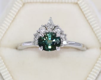 1.17 ct Oval Blue Green Natural Sapphire Engagement Ring with Kite Diamond Half Halo