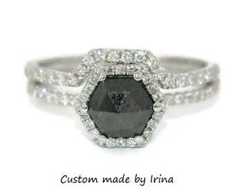 Black Hexagon Diamond Halo Engagement Ring With Custom Nesting Wedding Band