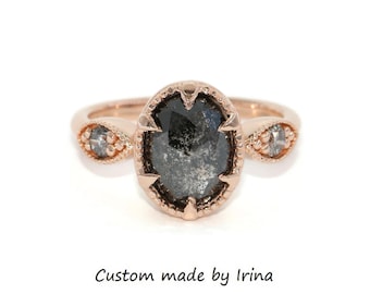 3 carat Salt and Pepper Rose Cut Natural Diamond Engagement Ring