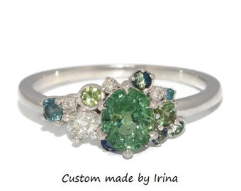 Ombre Teal Blue Green 1.3 ct Oval Sapphire Cluster Multi-gemstone Ring