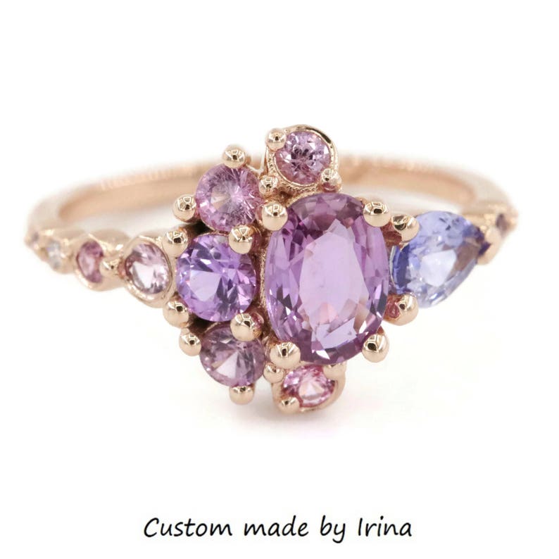 One Of A Kind Ombre Cluster 1 carat Oval Pink Sapphire Ring with Celestial Half-Moon Crescent Halo custom made by Irina