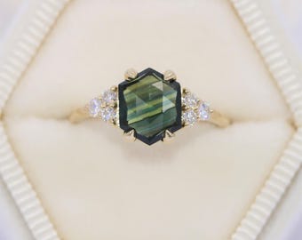 1 carat Blue Green Hexagon Shape Parti Natural Sapphire Ring Custom Made
