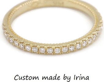 Custom Made Classic Half Eternity Diamond Wedding Ring with Hidden Milgrain Pattern