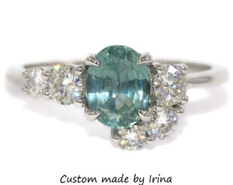 Custom Made 1.5 carat Asymmetric Cluster Teal Natural Sapphire Ring