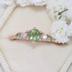 14k Rose Solid Gold Green Montana Sapphire Ring, Round Teal Five Stone Unheated Natural Montana Sapphire 5 stone ring