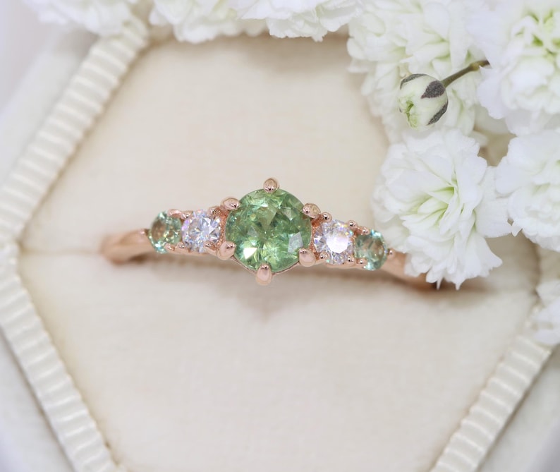 14k Rose Solid Gold Green Montana Sapphire Ring, Round Teal Five Stone Unheated Natural Montana Sapphire 5 stone ring