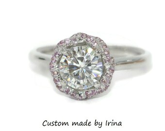 1 carat Moissanite Engagement Rings Set with Pink Sapphires Braided Halo