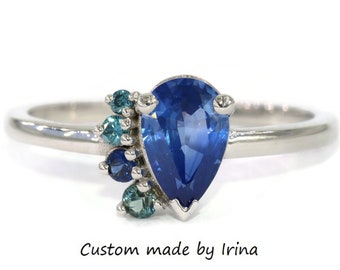 1.5 carat Pear Natural Sapphire Ombre Blue Teal Half-Moon Cluster Ring Custom Made