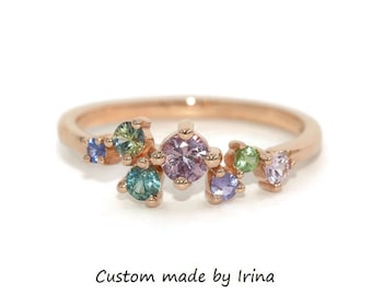 Cluster Custom Made Ring with Scattered Different Size Colorful Natural Sapphires