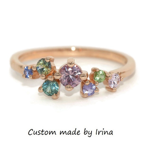 Cluster Custom Made Ring with Scattered Different Size Colorful Natural Sapphires