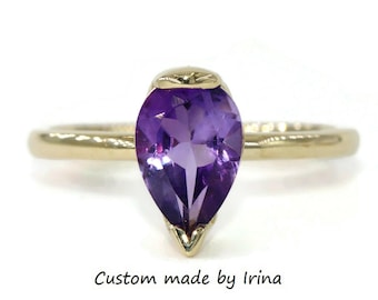 1 carat Pear Teardrop Natural Amethyst Engagement Ring