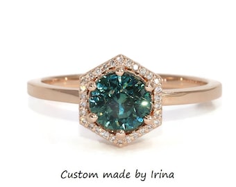 1.5 carat Teal Blue Green Natural Sapphire Hexagon Diamond Halo Ring