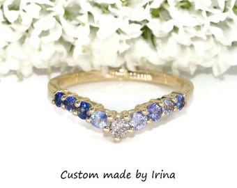 Flair Ombre Blue Purple Natural Sapphires and Diamond Cluster Wedding Ring