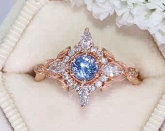 Natural Sapphire Snowflake Engagement Ring with Leaves and Flowers