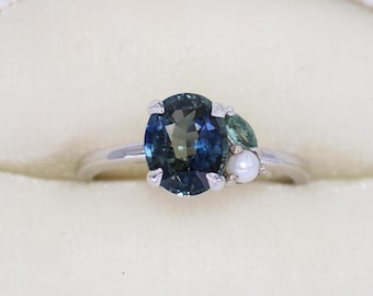 Blue Green 1.6 carat Natural Sapphire Cluster Pearl and Alexandrite Engagement Ring