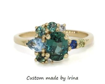1 carat Blue Green Natural Sapphire Ombré Cluster Engagement Ring