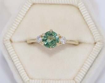 1 carat Green Natural Sapphire 3 Stone Engagement Ring Custom Made 14k Solid Gold