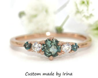Unheated Teal Blue Natural Montana Sapphire 5 Stone Classic Ring