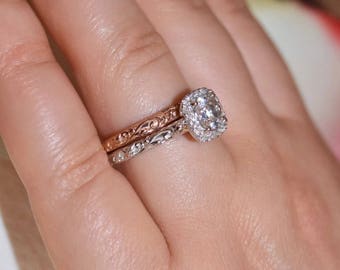 1 Carat Lab Diamond Vine Leaf Scroll Engagement Ring and Wedding Matching Band Set