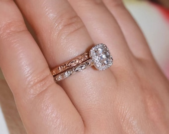 1 carat IGI Certified Lab Diamond Vine Leaf Scroll Engagement Ring and Wedding Matching Band Set