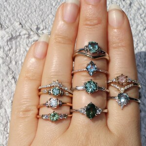 LexLuxe Jewelry, Green Montana Sapphire Five Stone Ring 14k Rose Gold, Green Unheated Montana Sapphire Rings set by Irina
