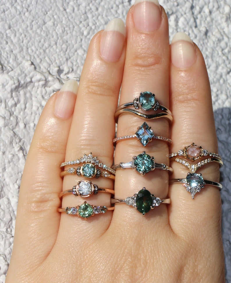LexLuxe Jewelry, Green Montana Sapphire Five Stone Ring 14k Rose Gold, Green Unheated Montana Sapphire Rings set by Irina