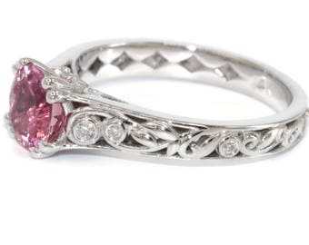 Scroll Filigree Pink Tourmaline Engagement Ring, Vintage Style Lacework White Gold Rustic Nature Inspired Diamond, Custom Alternative Ring