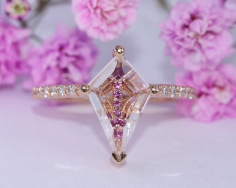 Transparent Kite Unique Ring with Pink Natural Sapphires + Diamonds 14k Rose Gold