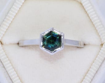 1 carat Blue Green Hexagon Natural Sapphire Bezel Set Engagement Ring