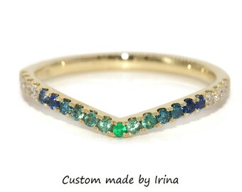Chevron Ombre Green Blue Sapphires and Diamonds V Shape Flair Wedding Band