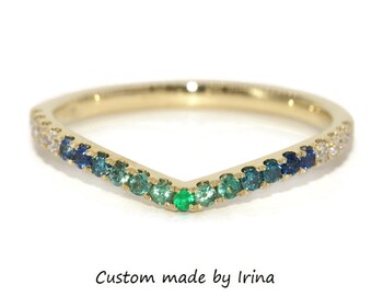 Chevron Ombre Green Blue Sapphires and Diamonds V Shape Wedding Band