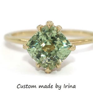3 carat Pastel Teal Green Sapphire Ring With 8 Claw Diamond Prongs