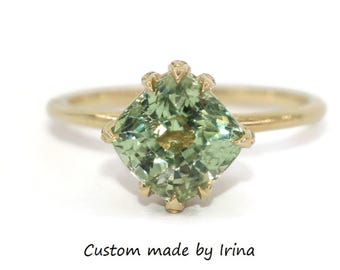3 carat Pastel Teal Green Sapphire Ring With 8 Claw Diamond Prongs