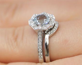 Wave Diamond Halo 1.2 ct Natural Aquamarine Engagement Ring 14k Solid Gold