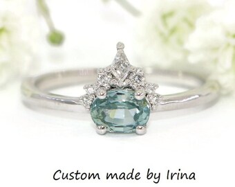 Kite Diamond Sunburst Pastel Blue Green Montana Sapphire 14k White Gold Ring