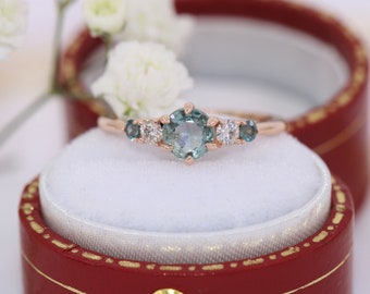 Pastel Teal Natural Montana Sapphire 5 Stone Dainty Ring