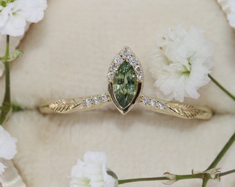 Marquise Green Sapphire Hand Engraved Leaves Diamond Ring