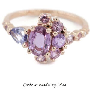 Pink Diamonds One Of A Kind Ombre Cluster 1 carat Oval Pink Sapphire Ring with Celestial Half-Moon Crescent Halo