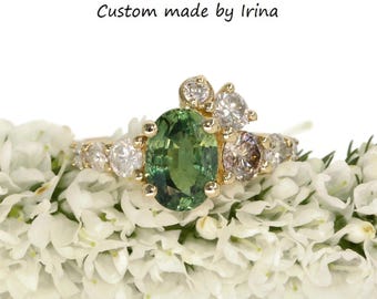 2.1 carat Oval Green Natural Sapphire Ombre Cluster Engagement Ring