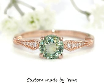 1 carat Green Natural Sapphire Edwardian Style Inspired Engagement Ring