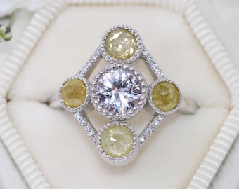 Vintage Style Inspired Custom Made 1 carat White Natural Sapphire and Yellow Diamond Ring