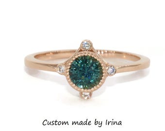 Custom Made 1 carat Teal Blue Green Natural Sapphire and Diamonds Engagement Ring